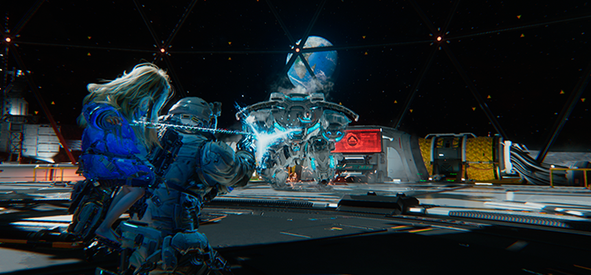 Arte promocional do jogo Pragmata da Capcom mostrando o astronauta e a menina em um cenário lunar.